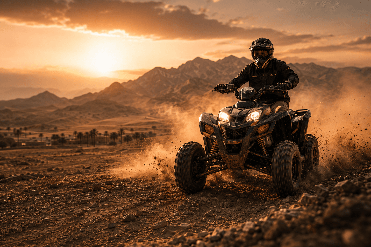 Quad riding action in desert